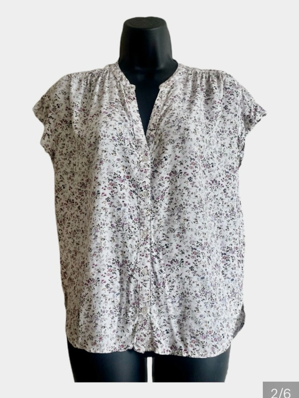 J. Crew White Floral Split V-Neck Blouse with Pink & Purple Print